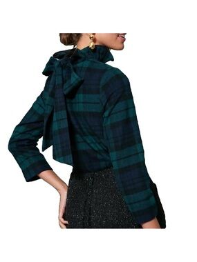 Tuckernuck Blackwatch Plaid Faye Shirt Top High Ruffle Neck Back Tie Bow Size S